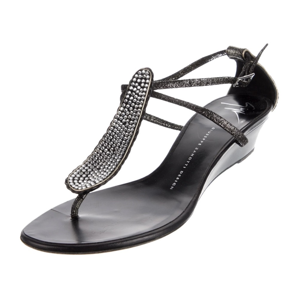 Giuseppe Zanotti Black Thong Wedge Sandals with Swarovski Crystals 37.5